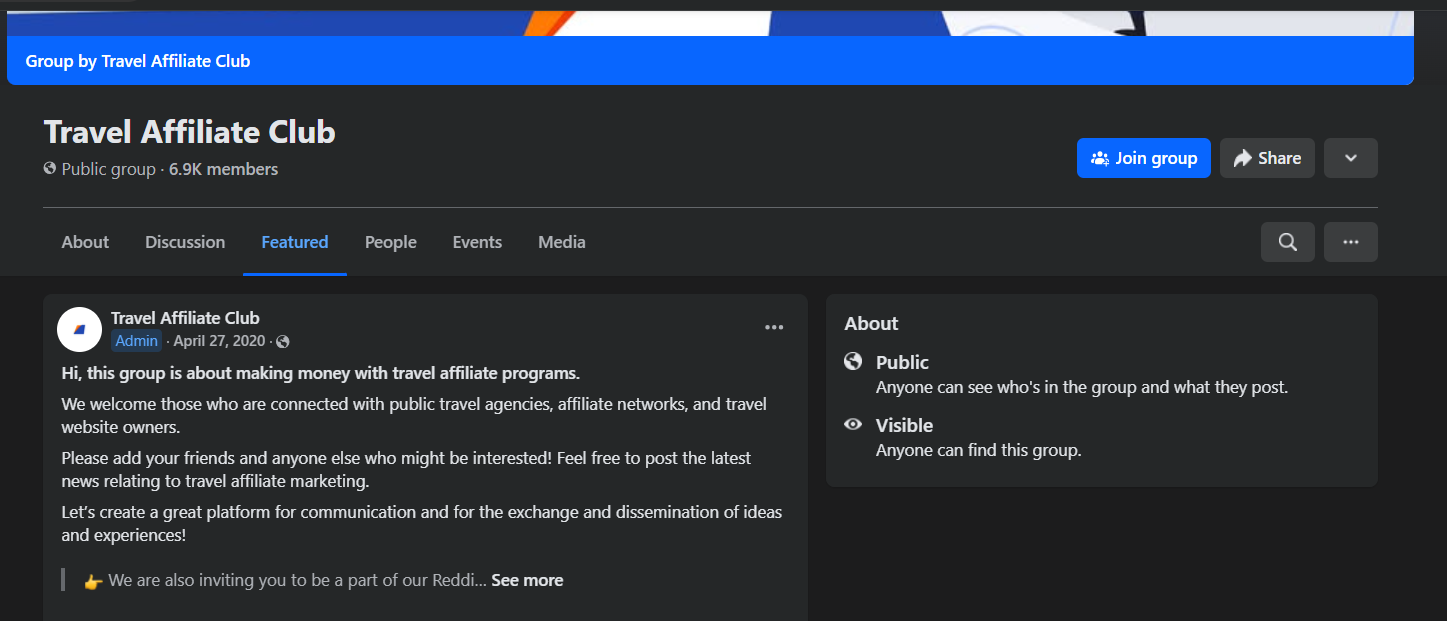 Travel affilate club groub on facebook